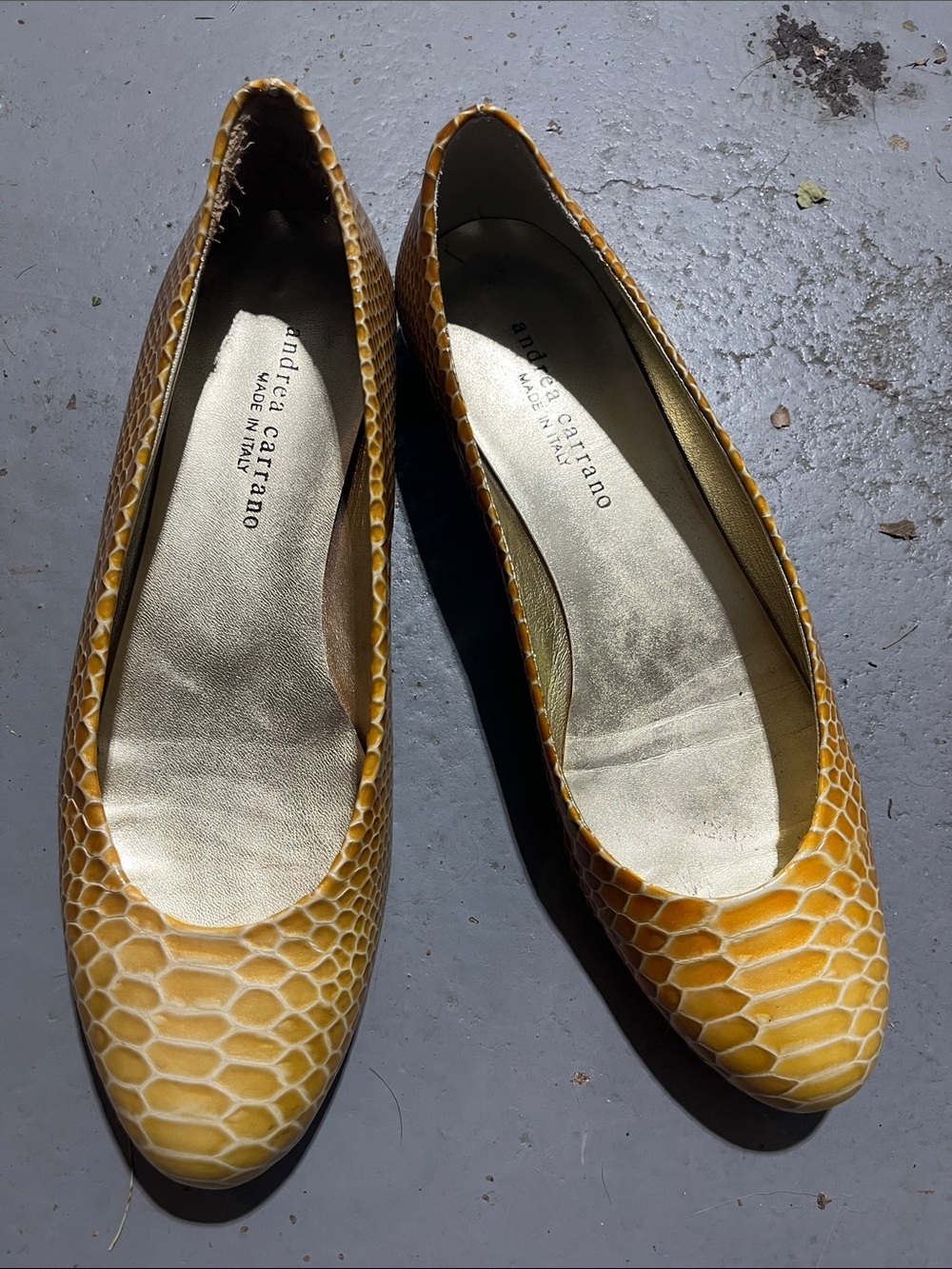 Andrea Carrano 40 Yellow Snake-Embossed Leather Ballet Flats
